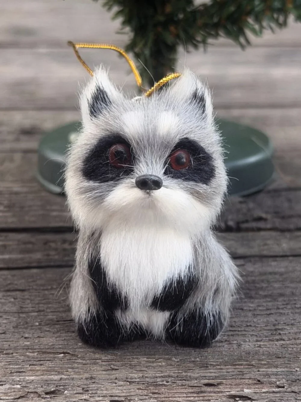 Lot of 3 Woodland Animal Faux Fur Christmas Ornaments Red White Fox & Raccoon